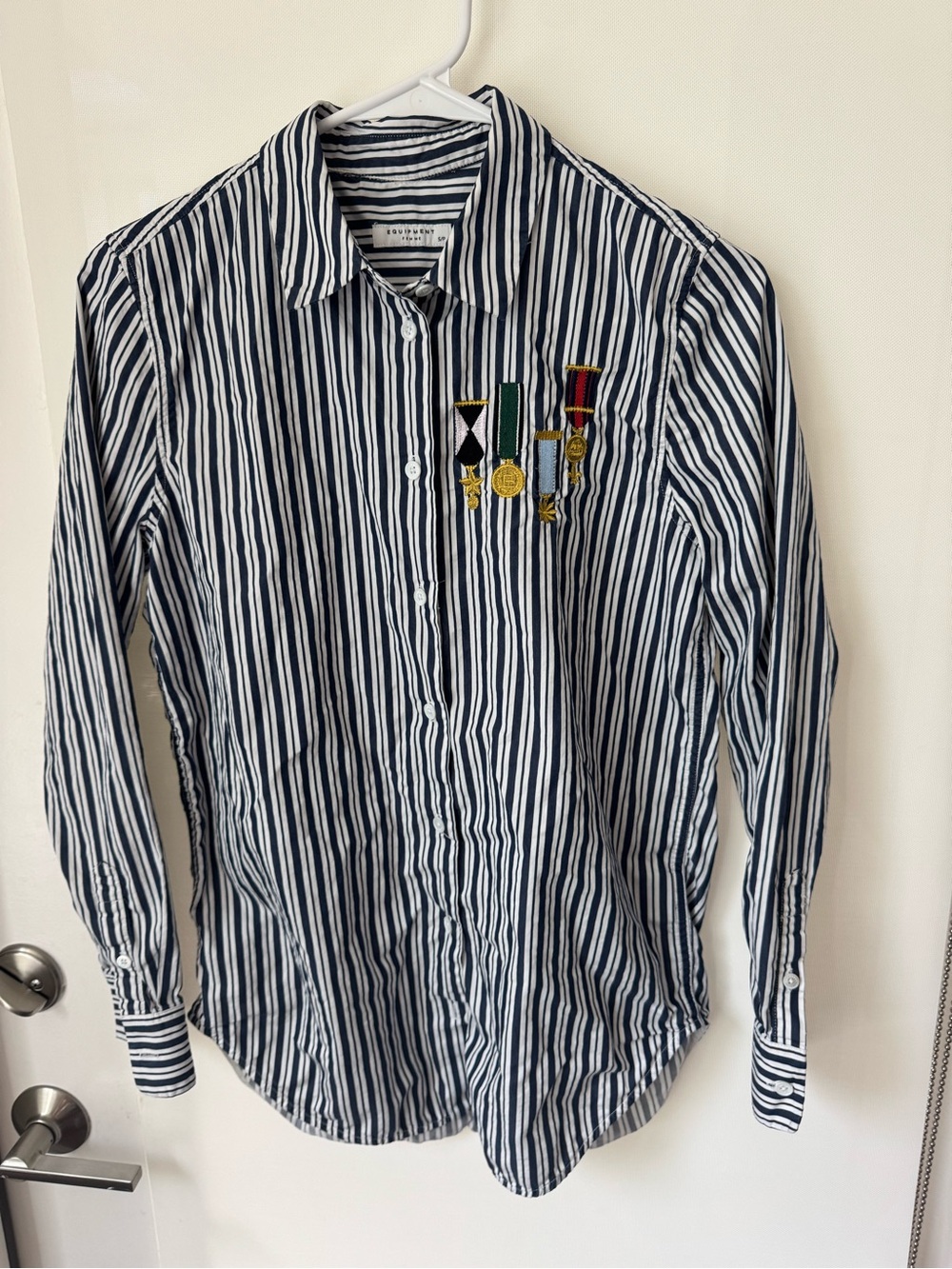 Equipment Navy and White Striped Button-Down Shirt with Medal Embroidery